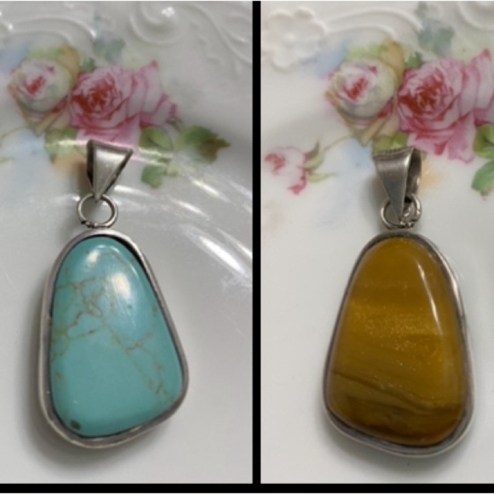 Vtg Turquoise/Tiger’s Eye Double Sided Sterling Pendant (Final Price)
